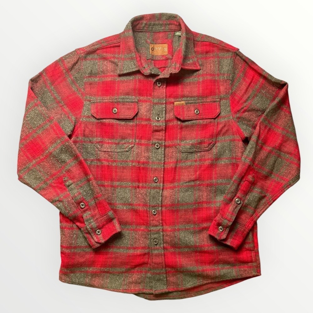 Orvis Mens Red Gray Plaid Flannel Shirt Long Sleeve Button Down Small